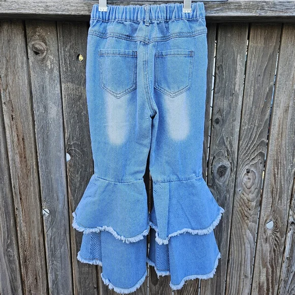 Girls Ruffle Flare Distressed Jeans - Blue 8Y - Picture 10 of 16